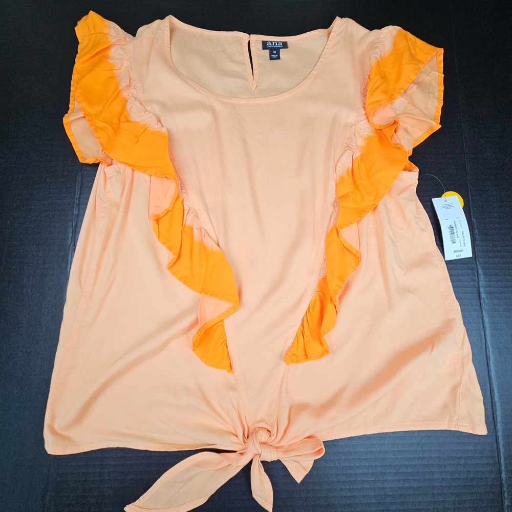 a.n.a A New Approach Orange Tie Dye Ruffle Tie‎ Front Blouse Top Medium NWT